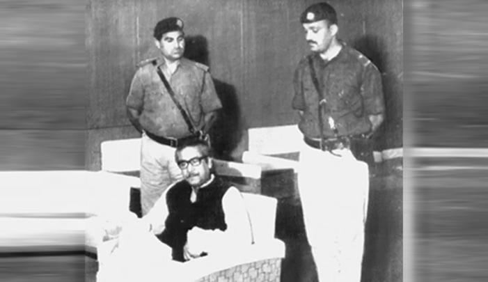 Sheikh Mujibur Rahman at Karachi International Airport after his arrest in Dhaka and transfer to Pakistan, April 1971.